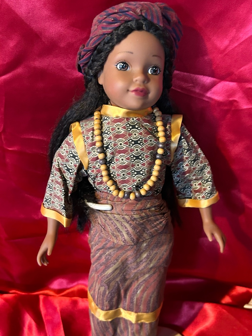 African Heritage Style Brown and Gold Fabric Doll with Beaded Necklace